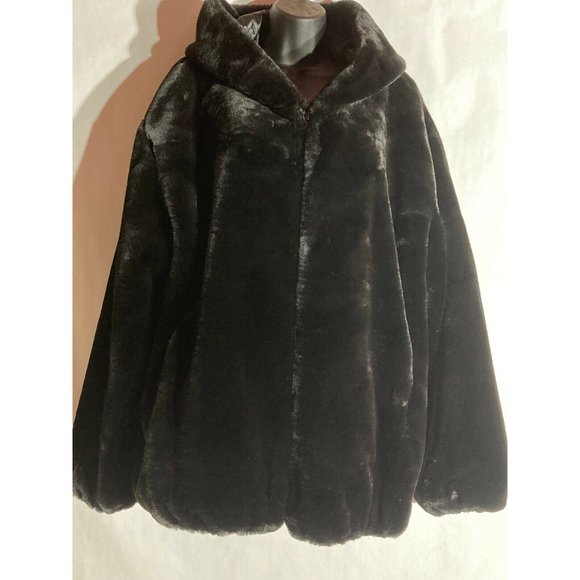 Donna Salyers Fabulous Furs Faux Black Beaver Fur Hooded Jacket Size 3x